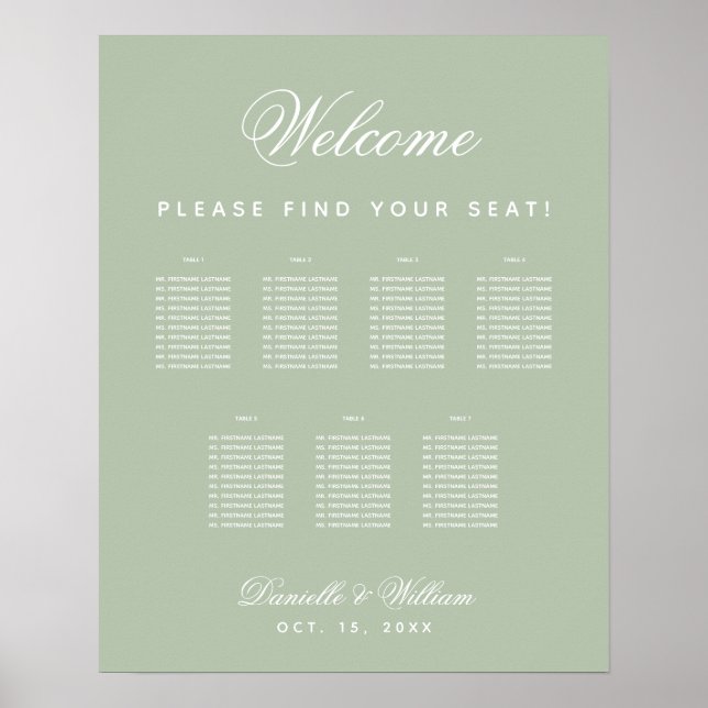 7 Tische zeigen eine grüne, einfache Hochzeitstabe Poster (Vorne)