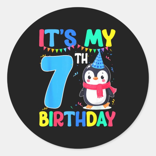 7 Year Old Birthday Penguin Themed It's My 7th Bir Runder Aufkleber (Vorderseite)