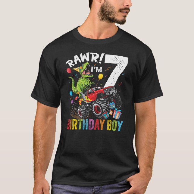 7th Birthday Boy Dinosaur Monster Truck T-Shirt (Vorderseite)