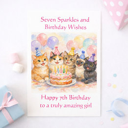 7th Birthday Card for Girls Festive Cat Party  Karte