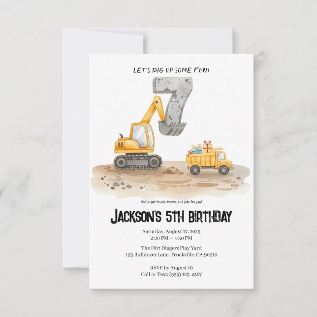 7th Birthday Construction Boy Birthday Invitation Einladung (Vorderseite)