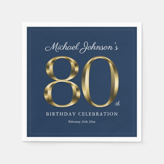 80. Achtzigste klassische Solid Gold Text Navy Blu Serviette (Vorderseite)