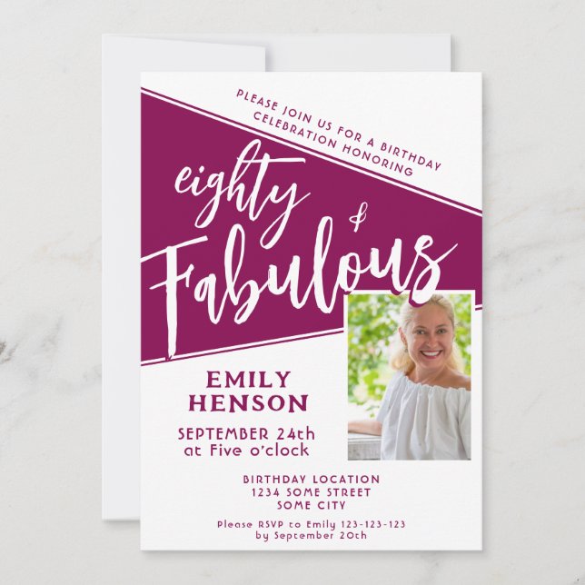 80 and Fabulous Script Magenta Photo 80th Birthday Einladung (Vorderseite)
