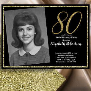 80. Benutzerdefiniertes Foto in Schwarz und Gold Einladung