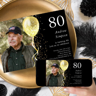 80. | Black & Gold Glitzer Foto Geburtstag Einladung