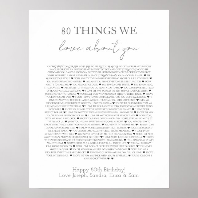 80 Dinge, die wir an dir lieben Poster (Vorne)