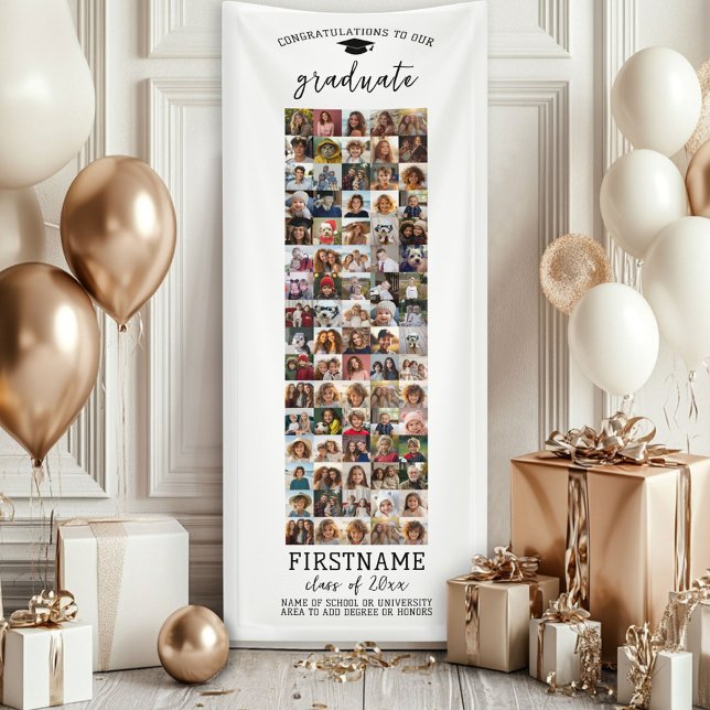 80 Foto Collage Abschluss Moderner Minimal Weiß Banner (Custom Graduation Banner - Great for a backdrop or Grad Party Decoration)