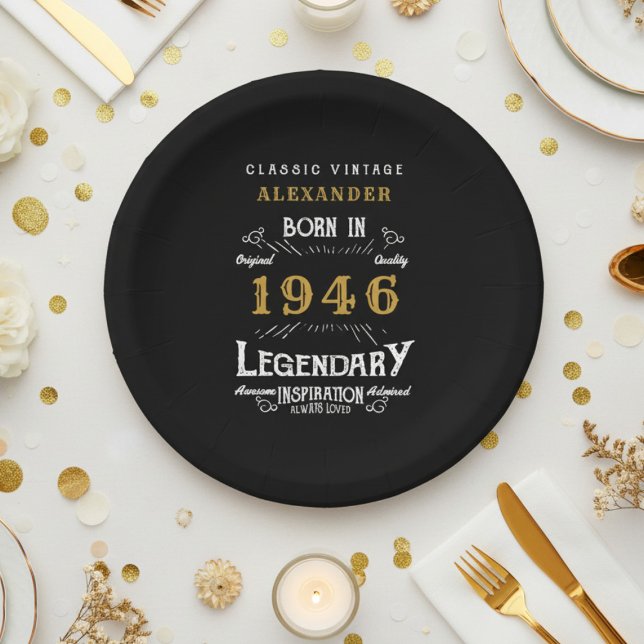 80. Geburtstag 1946 Legendär Retro Pappteller (1946 black paper plate on a white and gold background.)