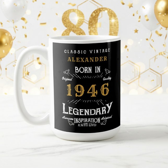 80. Geburtstag 1946 Legendäre Retro Kaffeetasse (1946 coffee mug with white and gold background.)