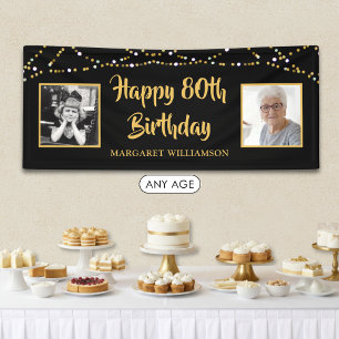 80. Geburtstag 2 Foto Black Gold Lights Banner