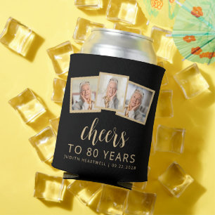 80. Geburtstag 3-Foto Schwarz Gold Schrift Cheers Dosenkühler