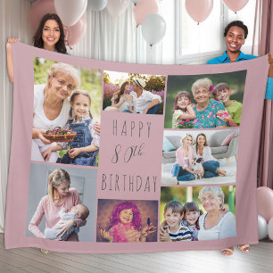 80. Geburtstag 7 Foto-Collage Rosa Fleece-Decke Fleecedecke