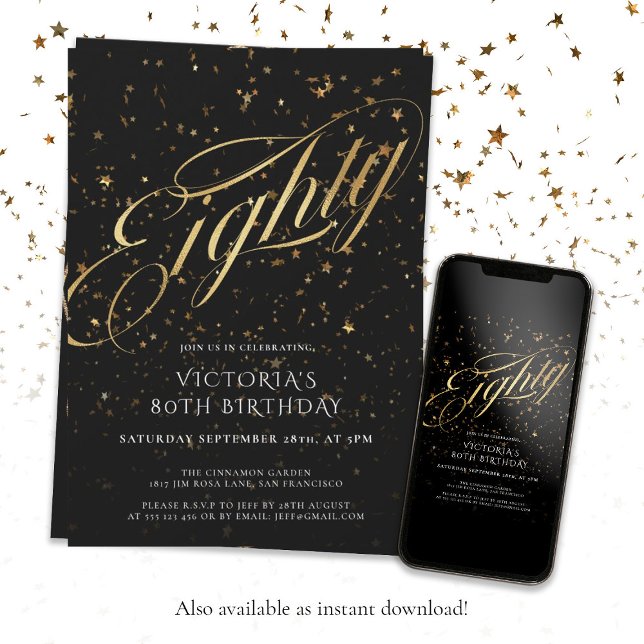 80. Geburtstag 80 Black Gold Confetti Elegant Einladung (80th Birthday Eighty Black Gold Confetti Elegant Invitation)