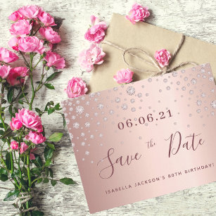 80. Geburtstag 80 Rose Golddiamanten Save the Date Postkarte