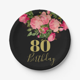 80. Geburtstag Achtzigste Black Gold Rose Elegant Pappteller