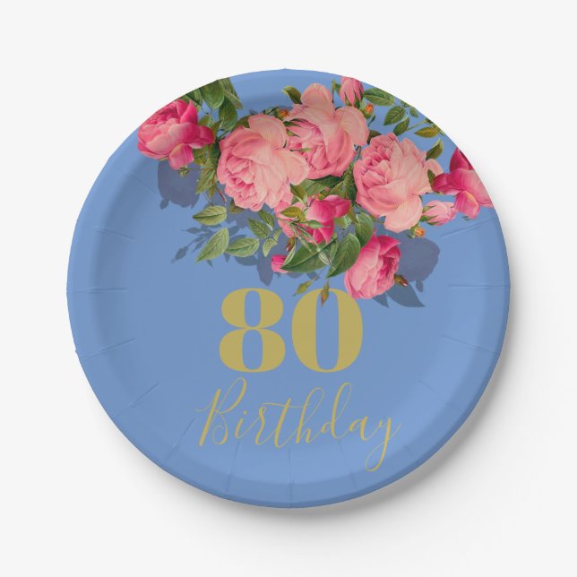 80. Geburtstag Achtzigste Blaue Rose Elegant Pappteller (Vorderseite)