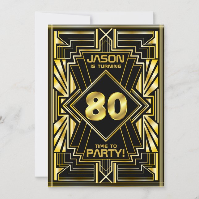 80. Geburtstag Art Deco Gold Black Great Gatsby Einladung (Vorderseite)