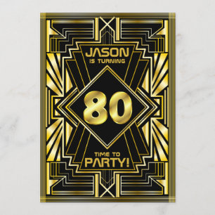 80. Geburtstag Art Deco Gold Black Great Gatsby Einladung