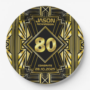 80. Geburtstag Art Deco Gold Black Great Gatsby Pappteller