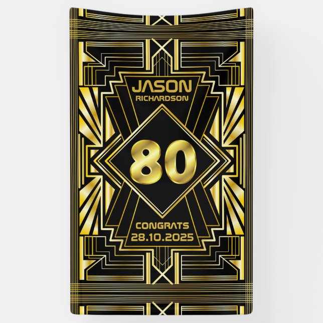 80. Geburtstag Art Déco Gold Schwarz Banner (Vertikal)