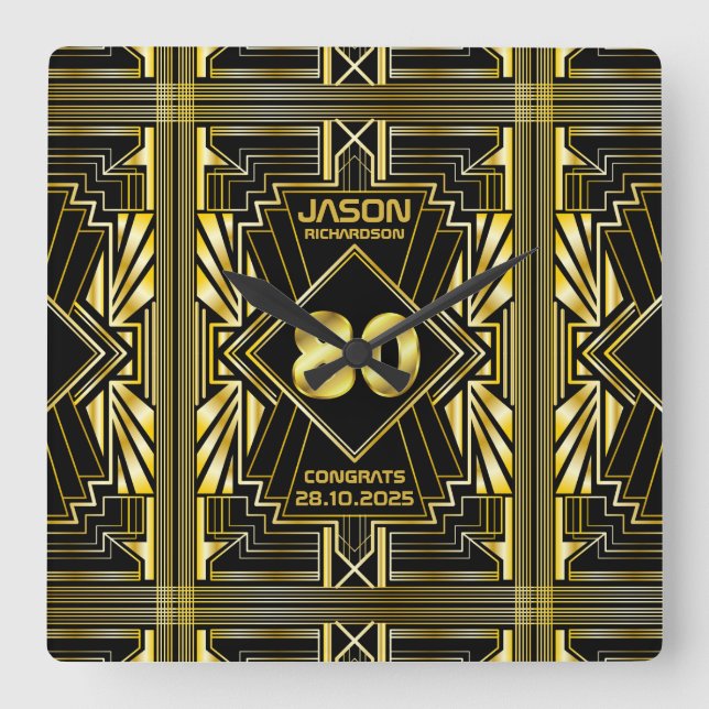 80. Geburtstag Art Déco Gold Schwarz Quadratische Wanduhr (Vorderseite)