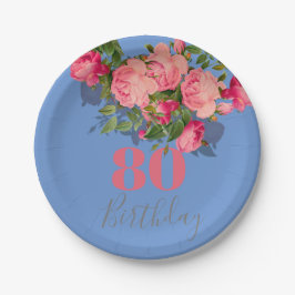 80. Geburtstag Blau Elegant Rosa Achtzigste Pappteller