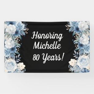 80. Geburtstag Blau Weiß Blumen Schwarz Elegant Banner