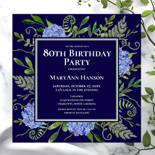 80. Geburtstag Blaue Hortensien Florale Aquarellma Einladung