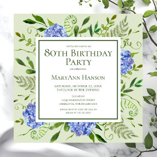 80. Geburtstag Blaue Hortensien Florale Aquarellma Einladung