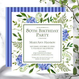 80. Geburtstag Blaue Hortensien Florale Aquarellma Einladung