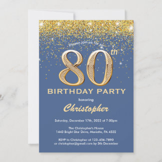 80. Geburtstag Blue and Gold Glitzer Confetti Einladung