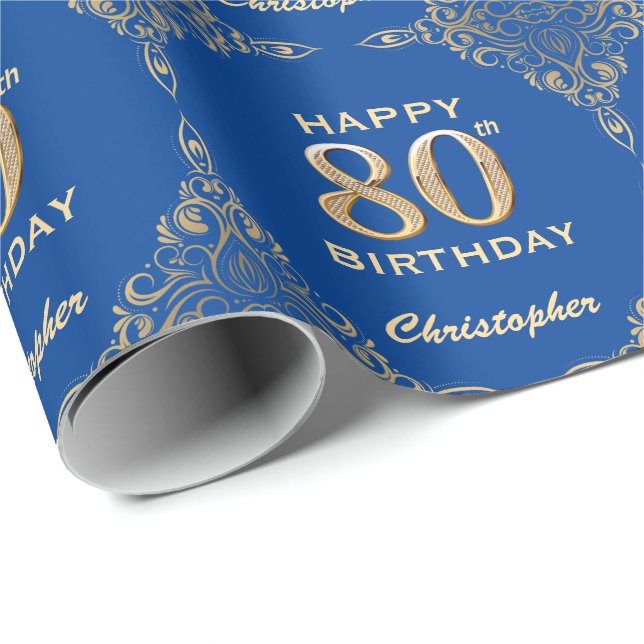 80. Geburtstag Blue and Gold Glitzer Frame Geschenkpapier (Rolleneckpunkt)