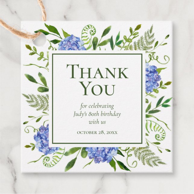 80. Geburtstag Blue Hydrangeas Vielen Dank Geschenkanhänger (Vorderseite)