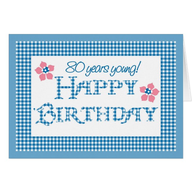 80. Geburtstag, Blue Karo Gingham Pattern (Vorderseite (Horizontal))