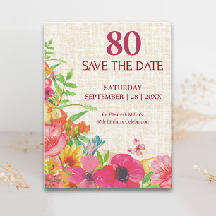 80. Geburtstag Bold Floral Leinen Save The Date Ankündigungspostkarte