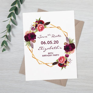80. Geburtstag bordeauxfarben Save the Date weiß Postkarte