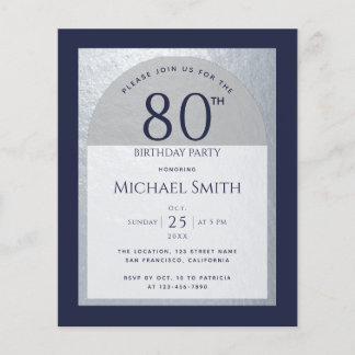 80 Geburtstag Budget Navy Blue Silver Man Einladun