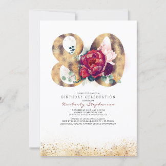 80. Geburtstag Burgund Gold Floral Einladung