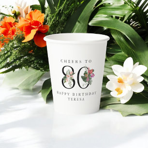 80. Geburtstag Cheers mit Namen Tropical Floral Pappbecher