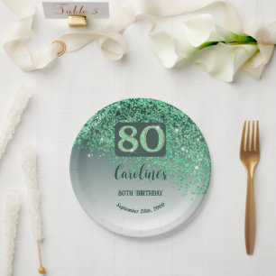 80. Geburtstag Chic Falling Green Glitzer Pappteller