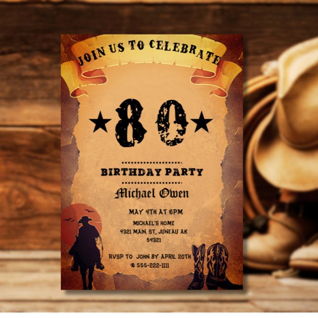 80. Geburtstag Cowboy Alt-Papier Reiten Party Einladung (Von Creator hochgeladen)