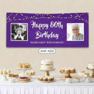 80. Geburtstag Damals & Heute Fotos Lichter Lila Banner
