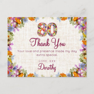 80. Geburtstag Danke – Elegantes florales Design Postkarte