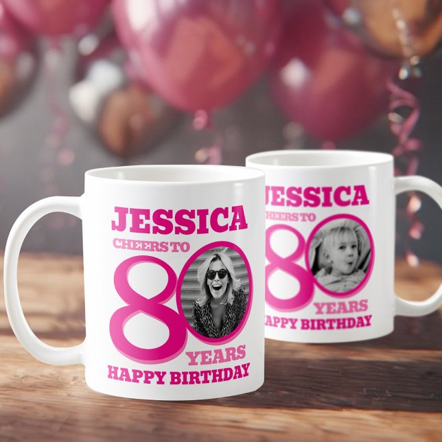 80. Geburtstag doppelseitiger Foto Name Rosa Text Kaffeetasse (Von Creator hochgeladen)