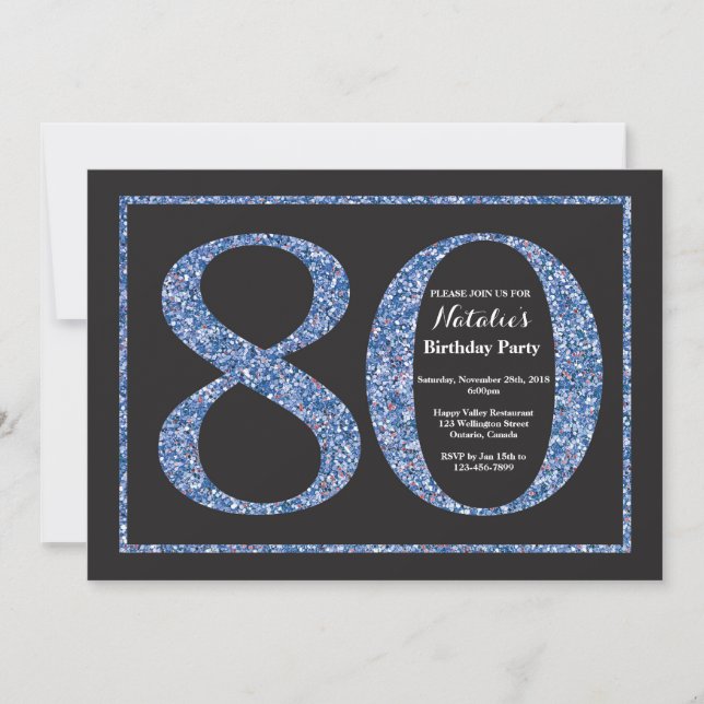 80. Geburtstag Einladung Blue Glitzer Chalkboard (Vorderseite)