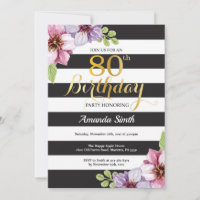 80. Geburtstag Einladung Frauen. Floral Gold Black