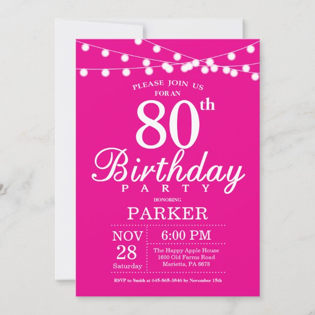 80. Geburtstag Einladung Hot Pink (Vorderseite)
