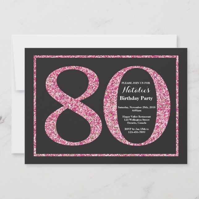 80. Geburtstag Einladung Pink Glitzer Chalkboard (Vorderseite)