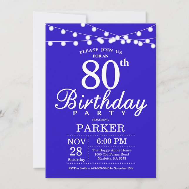 80. Geburtstag Einladung Royal Blue (Vorderseite)
