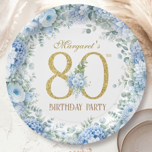 80. Geburtstag Elegant Gold Staubblau Blumen Pappteller
